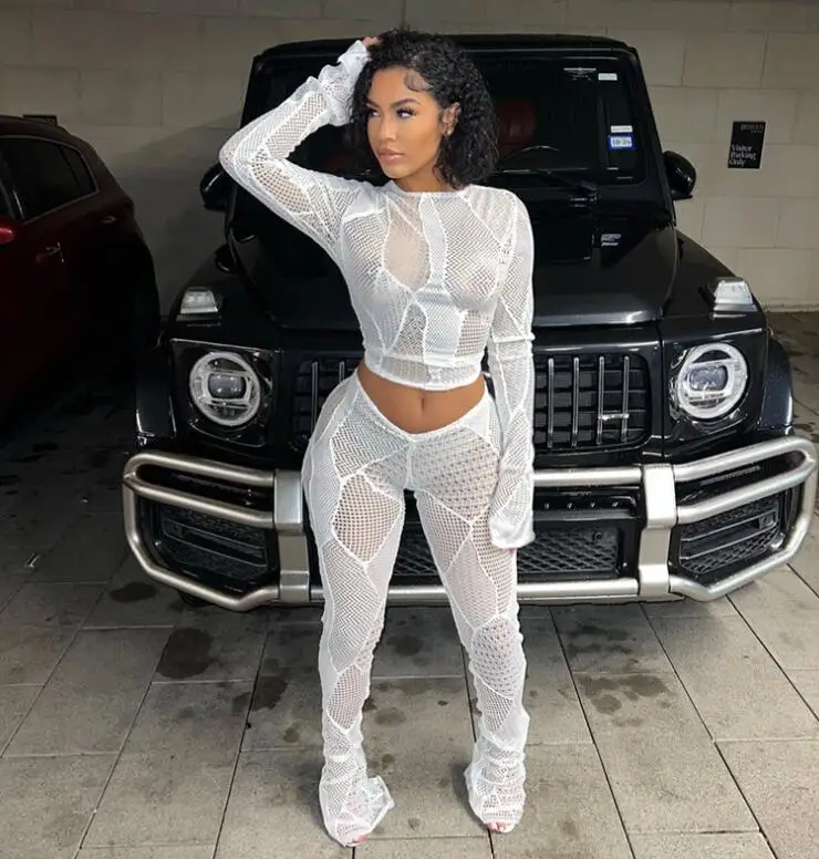 ZHEZHE HOT SALES STOCK 2Colors See Through Crochet Knitted Crop Top And Long Pants Two Pieces Set Women Clothes