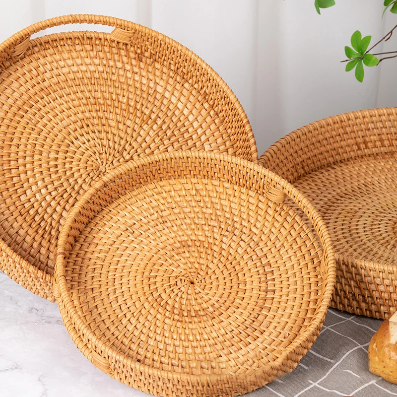 Japanese Style Round Multifunctional Fruit Tray Handles Woven Rattan Bread Basket Creative Breakfast Platter