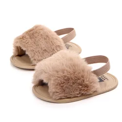 Toddler Baby Girls Plush Sandals Soft Sole Faux Fur Flats Prewalker Slippers With Elastic Back Strap