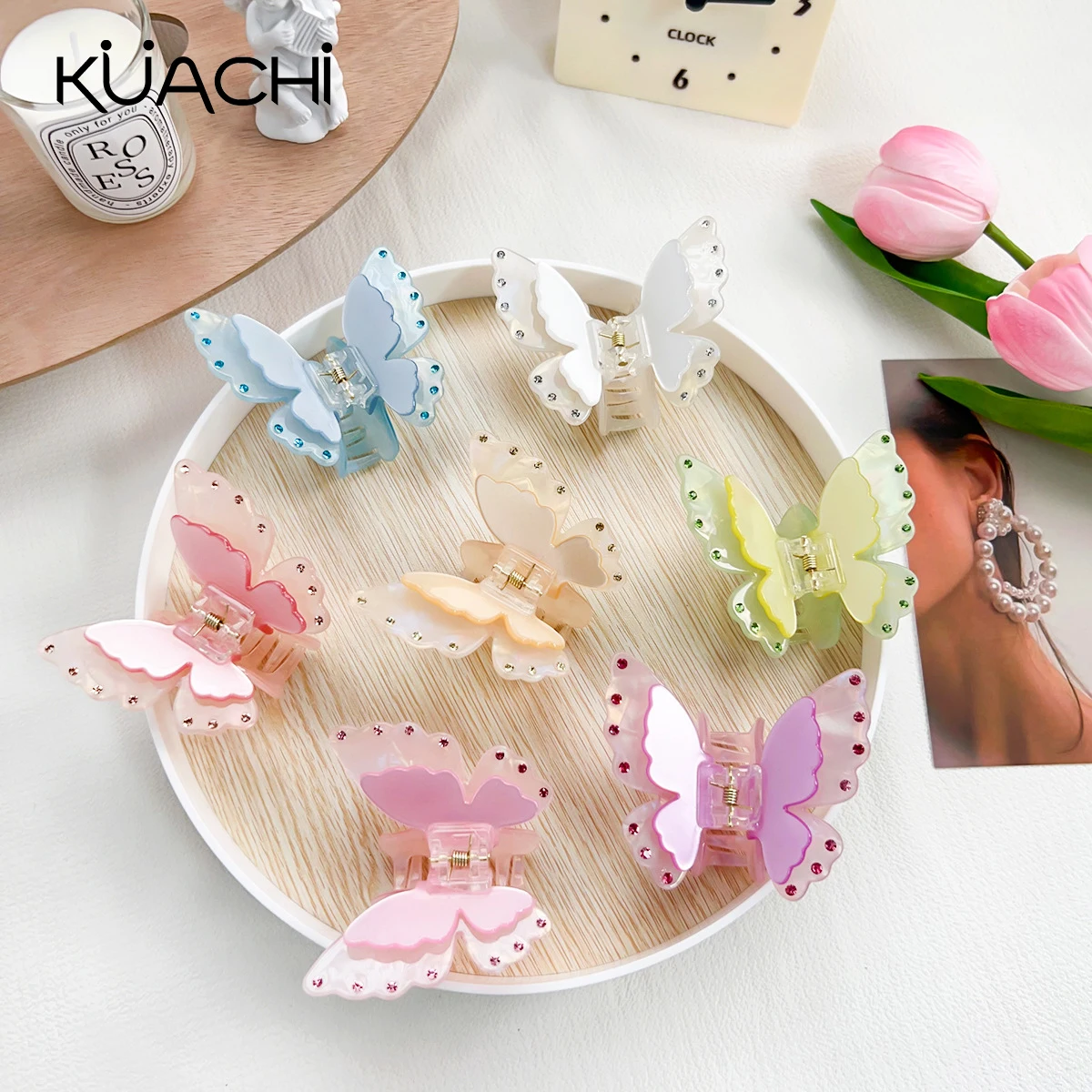 KUACHI, оптовая продажа, новый дизайн, корейский стиль, двухслойные заколки для волос с бабочками и стразами, милая девушка, акриловые заколки для волос на заказ