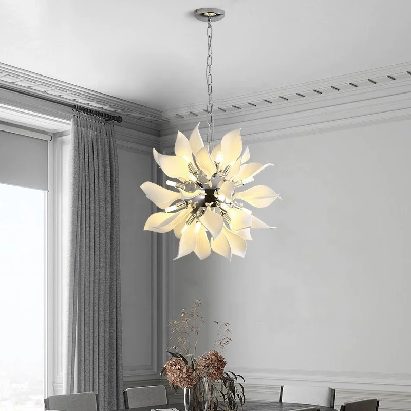 Italian designer living room lamp Nordic bedroom villa model room simple dining room art white ceramic petal chandelier