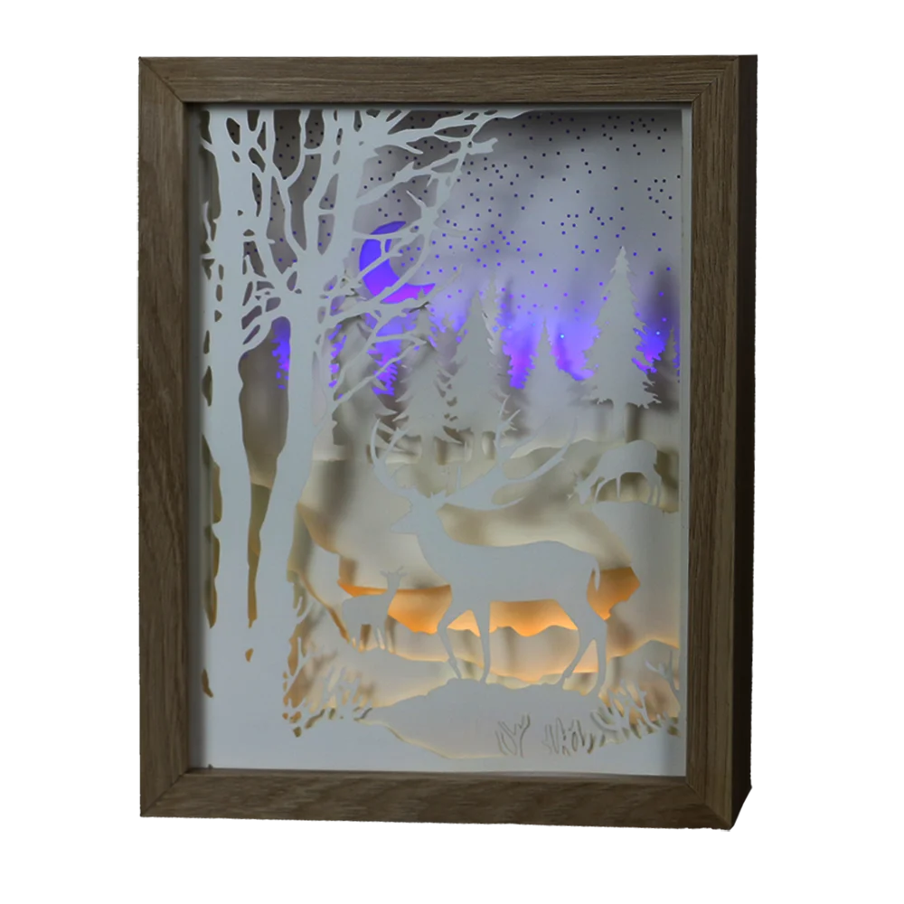 3D LED LIGHT BOX Wooden frame Paper print drawing Paper silhouette deer in forest christmas light indoor battery operated