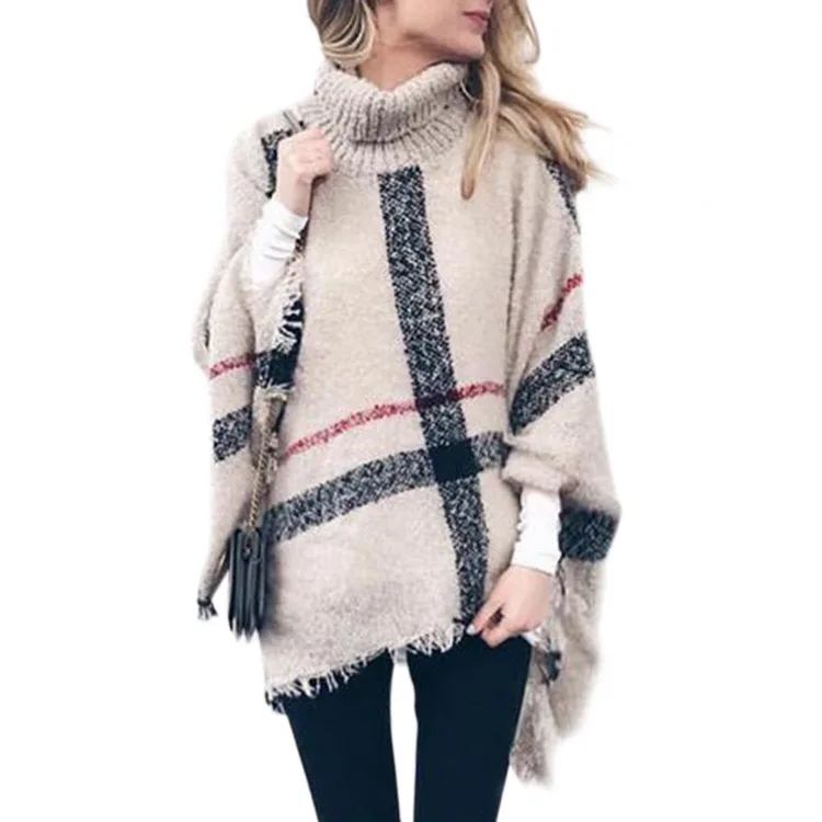 
Top Women Neck Turtle Cloak Sleeveless High Neck Plaid Poncho Sweaters With Tassel 