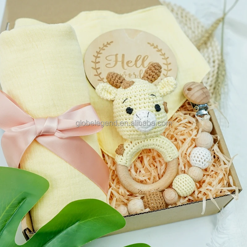 crochet Shower Gift Sets giraffe teether Baby Beech Teether Wooden Animal Rings Chew Toy Gift Sets