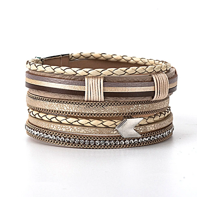 Fashion Boho Retro Style Charm Arrow Handmade Braided Rope Wrap Multilayer Leather Magnetic Buckle Clasp Bracelet For Women