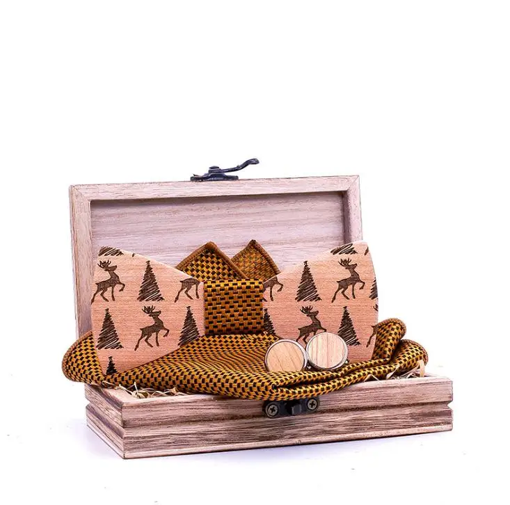 2021 popular Christmas gift elk pattern wooden bow tie set