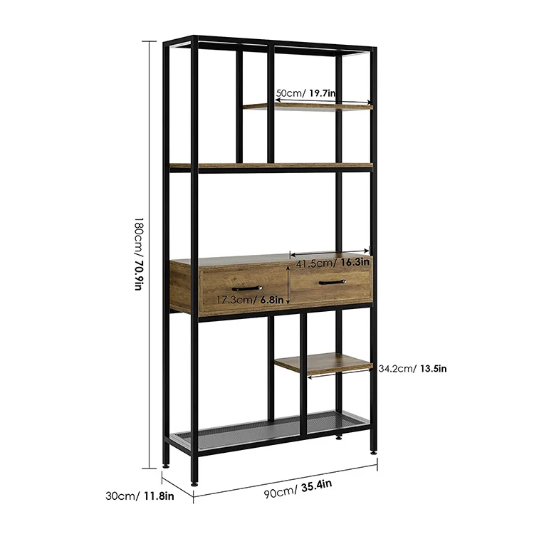 Vekin Furniture Rustic Brown Office Book Shelves Living Room Wooden Tall Bookshelf with Drawers