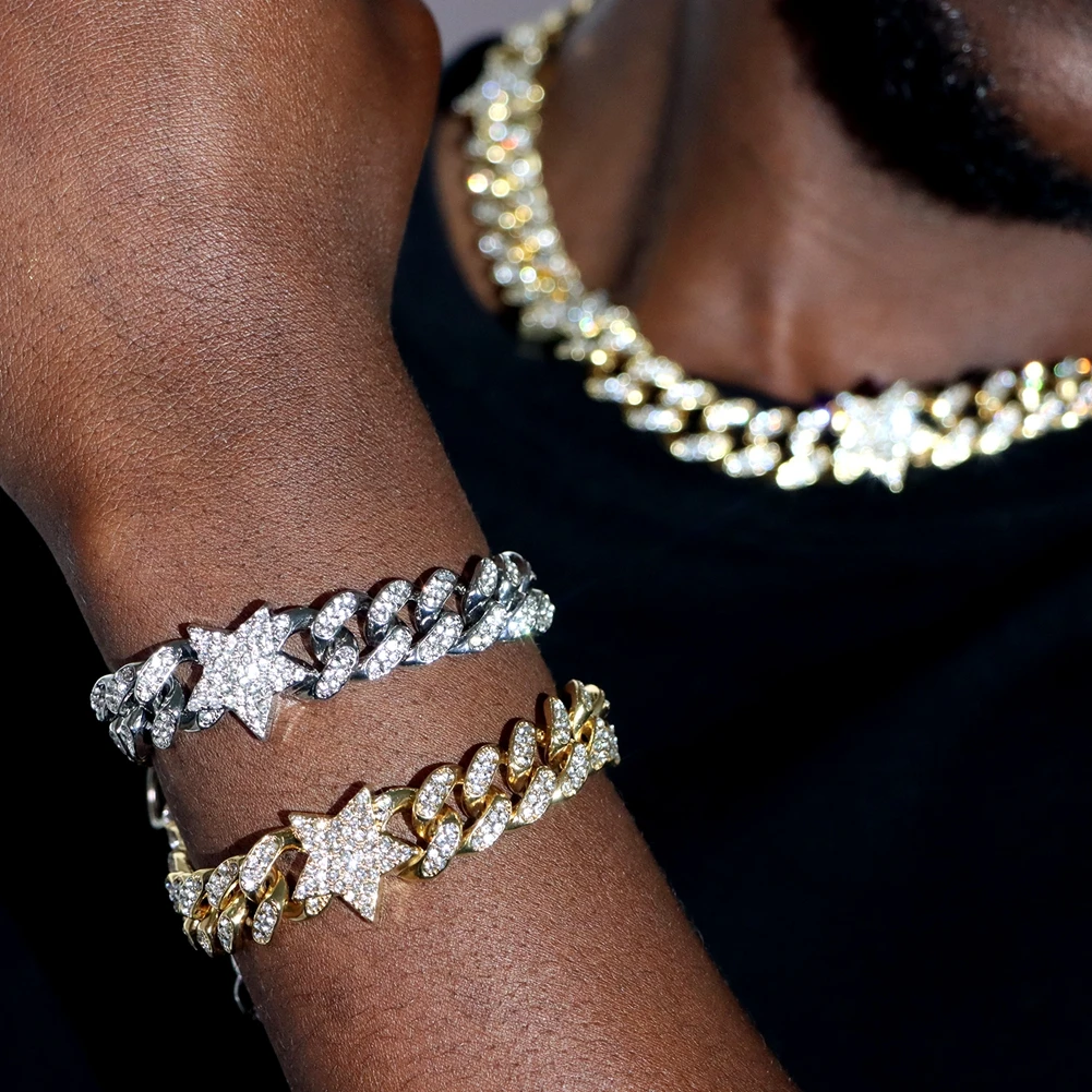 Fashion Icy Cuban Chain Star Charms Necklace Iced Out CZ Diamond Miami Cuban Link Chain Choker Necklace For Men