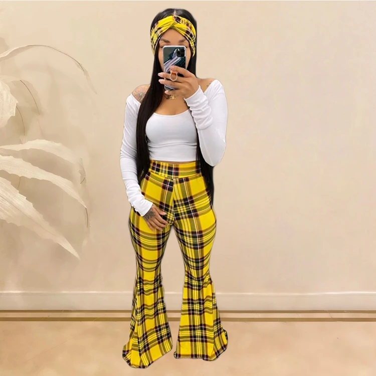 2020 matching women set high waist cotton knitted stripe plaid flare leg pants and women top scarf three piece set