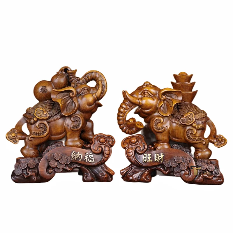 Customized Resin Crafts Elephant Statues Ornaments Lucky Feng Shui Gift Decoration Imitative Wood Elephant Sculpture