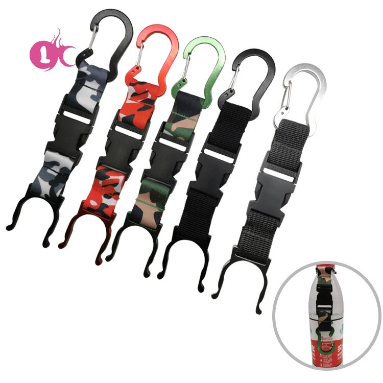 Factory supplier outdoor Aluminum water bottle hanger buckle hook holder carabiner plastic clip with nylon belt
