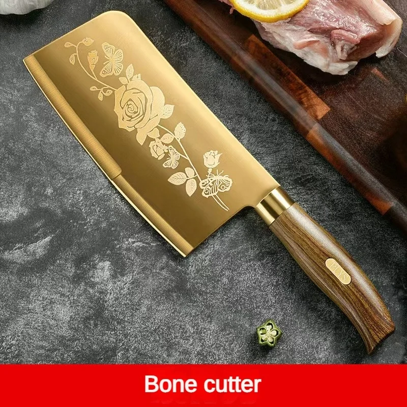 Wholesale Golden Kitchen Knife Set Stainless Steel Blade and Wood Grain Plastic Handle with Gold Titanium Coated Chef Knife Set