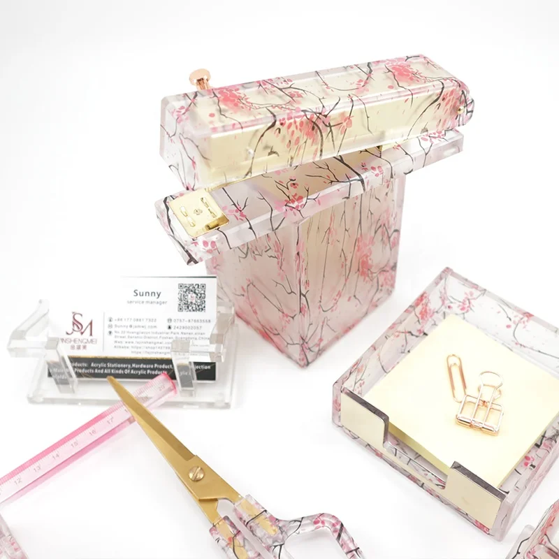 JSM Custom Acrylic transparency Floral Printing School Supplies Stapler Tape dispenser Storage Scissor