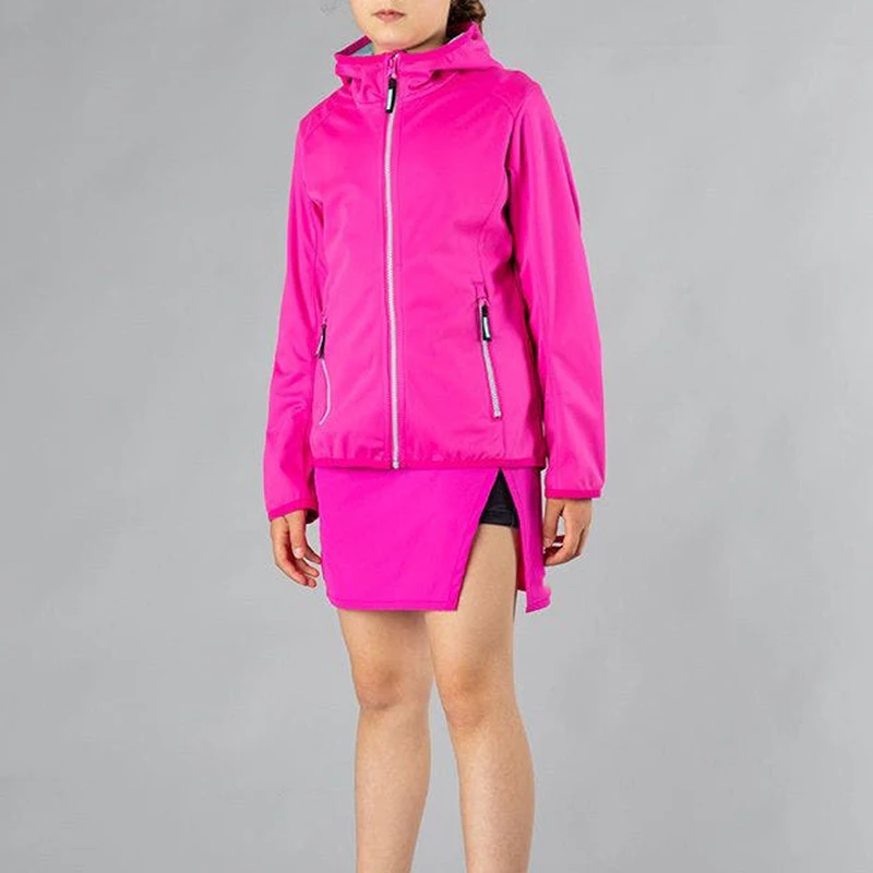 Windproof drawstring Two Zip Side Pockets Membrane Elasticated Cuffs Warm Fleece Layer Softshell Fabric Kids Ski Jacket