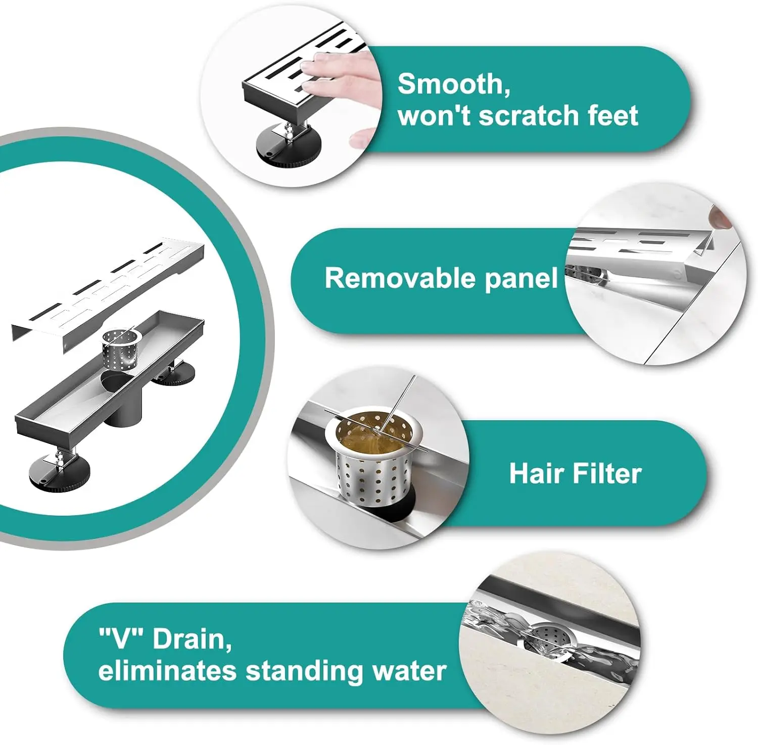 High Quality Floor Drain Pattern Cover Grate Removable Rectangular Shower Drain 304 Stainless Steel Metal Building Materials