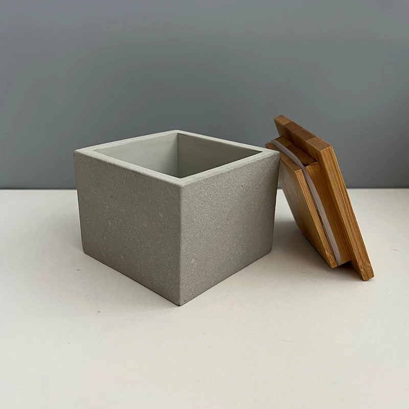 Square Matte Concrete Candle Vessel with Sealed Bamboo Lid