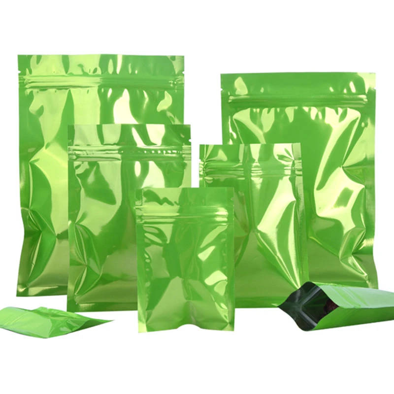 Wholesale Glossy Impressive Green Foil Zip Lock Gifts Bags Jewelry Snack Beads Spice Cereals Shampoo Soap Packaging Bags