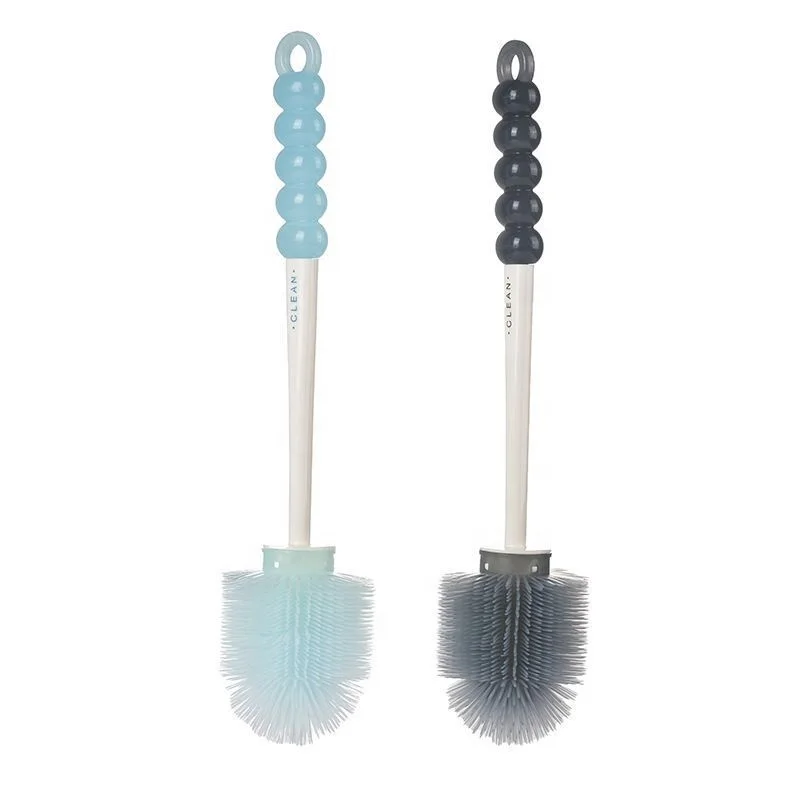 Bathroom Plastic Round Soft Long Handle Toilet Clean Bristles Scrubber Holder Silicone Brush Set