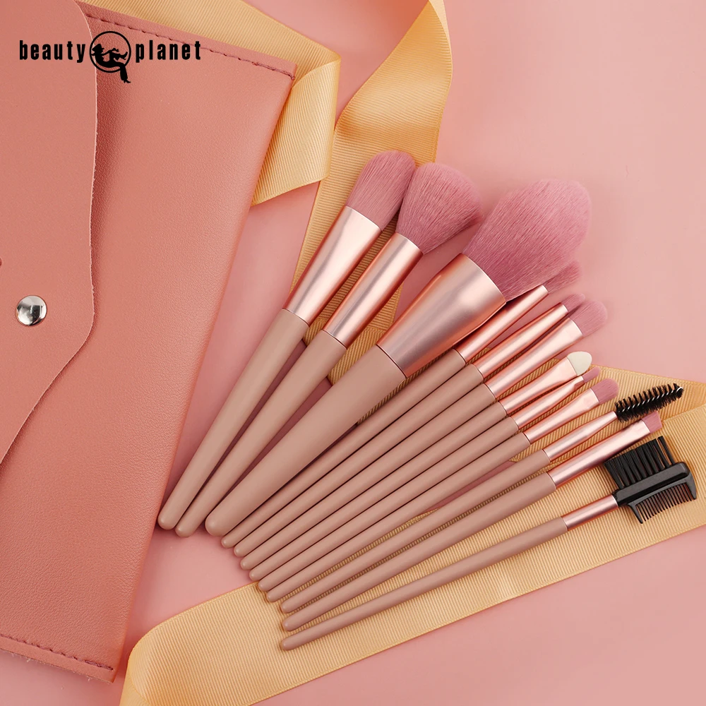 Beauty Planet Wholesale Professional Makeup Brush Set Pink Handle 12pcs Make Up Brush Set Cosmetic Bag Tool Box Storage Pouch