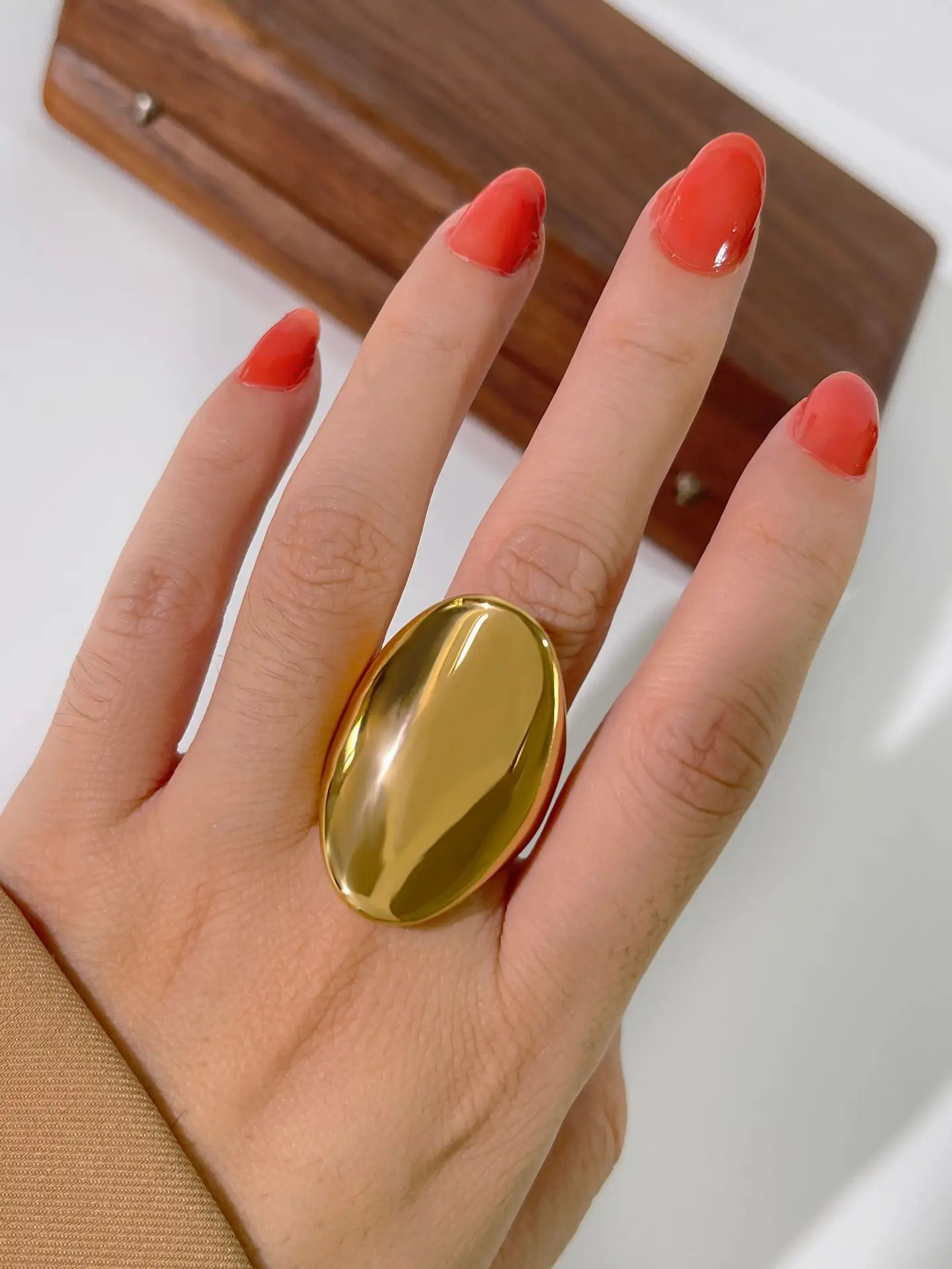 Personality 18K Gold Plated Glossy Oval Finger Rings Waterproof Titanium Stainless Steel Geometric Index Finger Ring