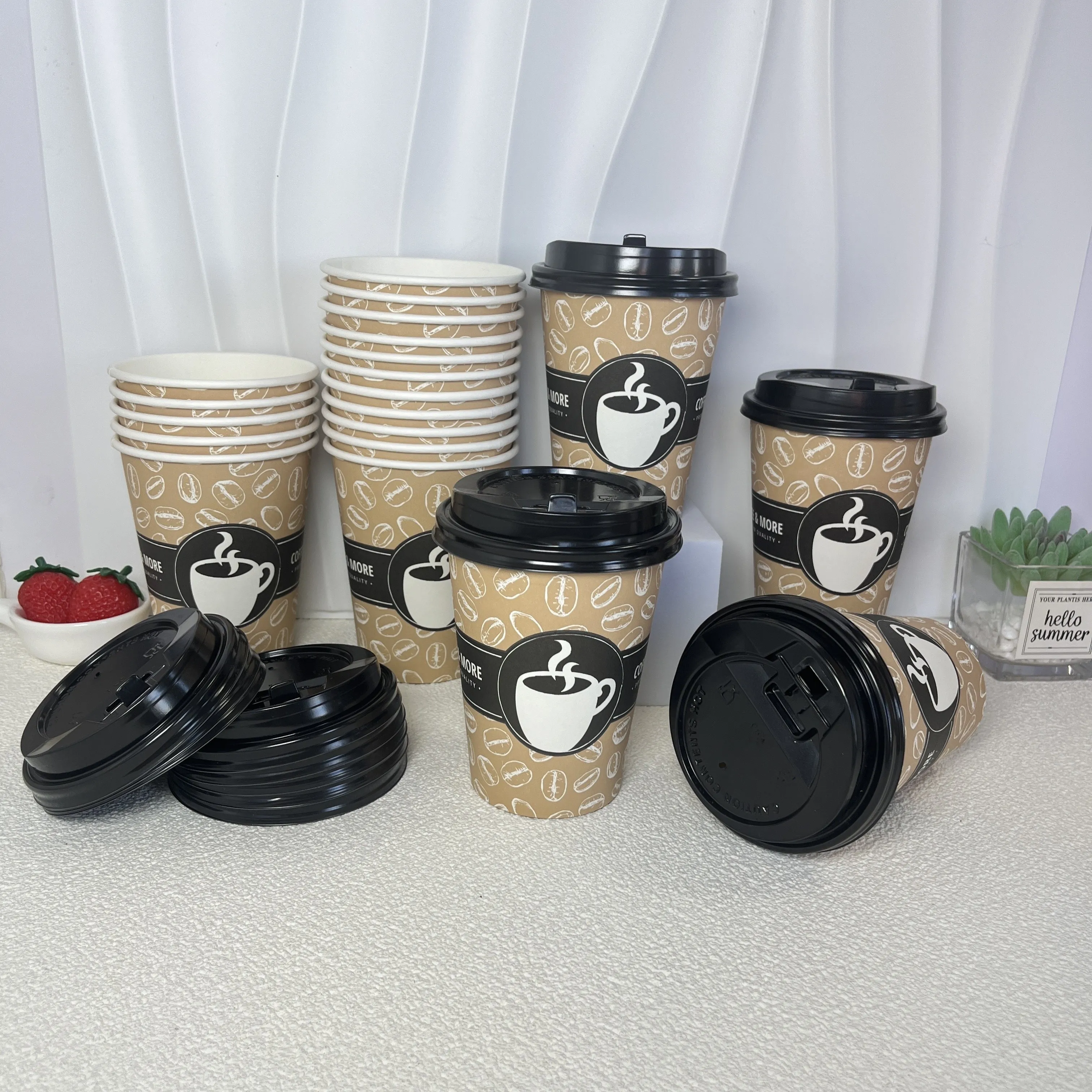 Customized Logo 6oz 6.5oz 12oz Tea Pack Disposable Hot Drinking Small Coffee Paper Cups with Lid Cover