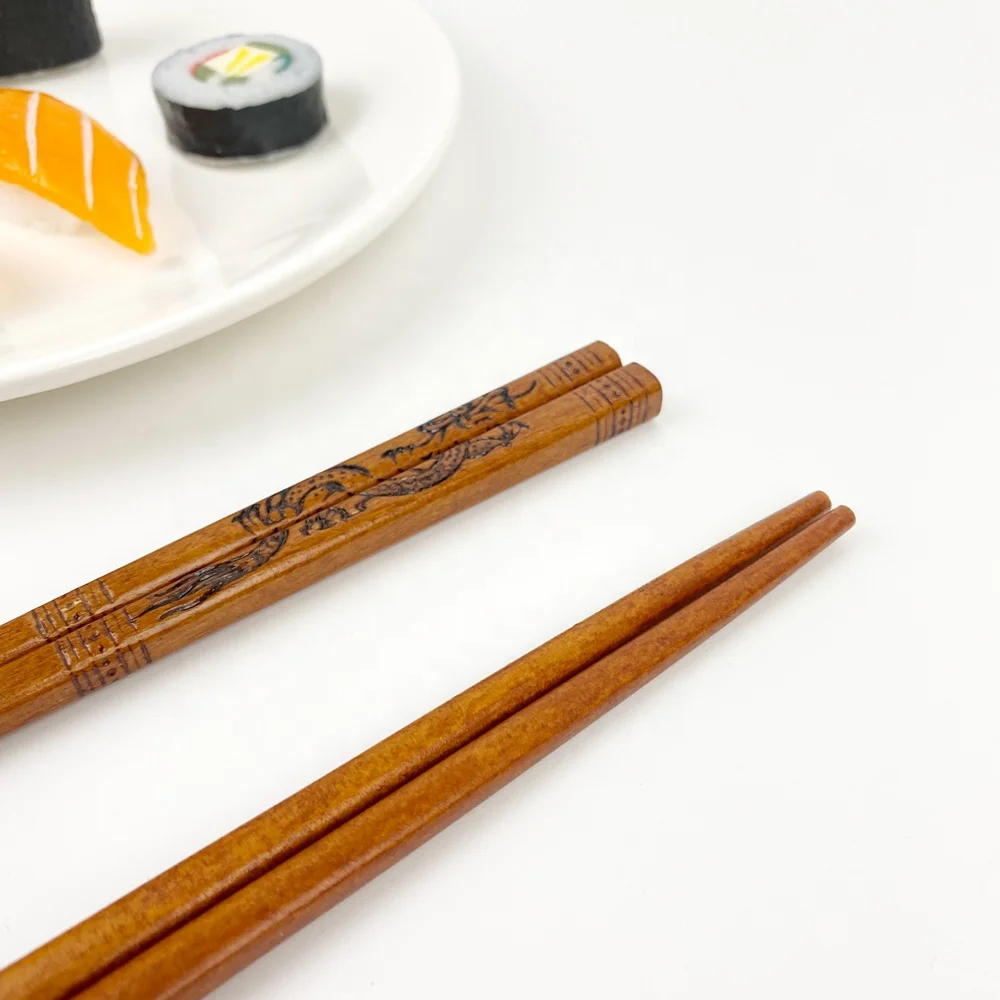 Vintage Chinese Dragon and Phoenix Pattern Natural Wood Chopsticks Couple Chopstick Set