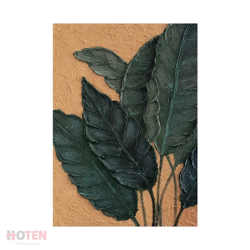 100% Handmade Green Plantain Leaf Oil Painting on Canvas for Living Room Decor Modern Abstract Leaf Wall Painting