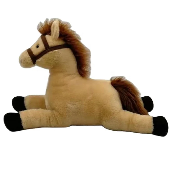Custom good design high quality 16 inch  laydown tan color horse with bridle plush stuffed toy