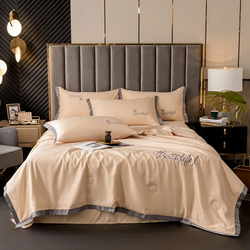 Washed silk fabric Embroidery design summer cool quilt four piece set