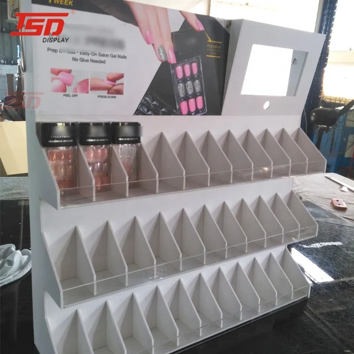 custom cosmetic shop acrylic nail polish product display counter shelf rack,makeup display stand for store