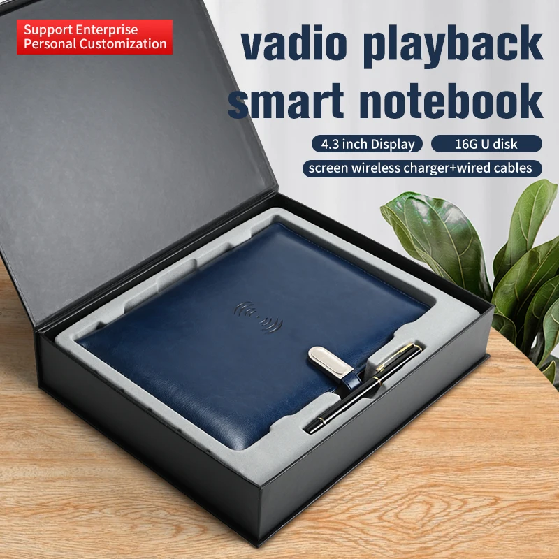 Brand A5 Quality Leather Notebook OEM Gift Set LCD Video Screen Jotter Diary Notebook Power Bank Charging Agenda Notepad