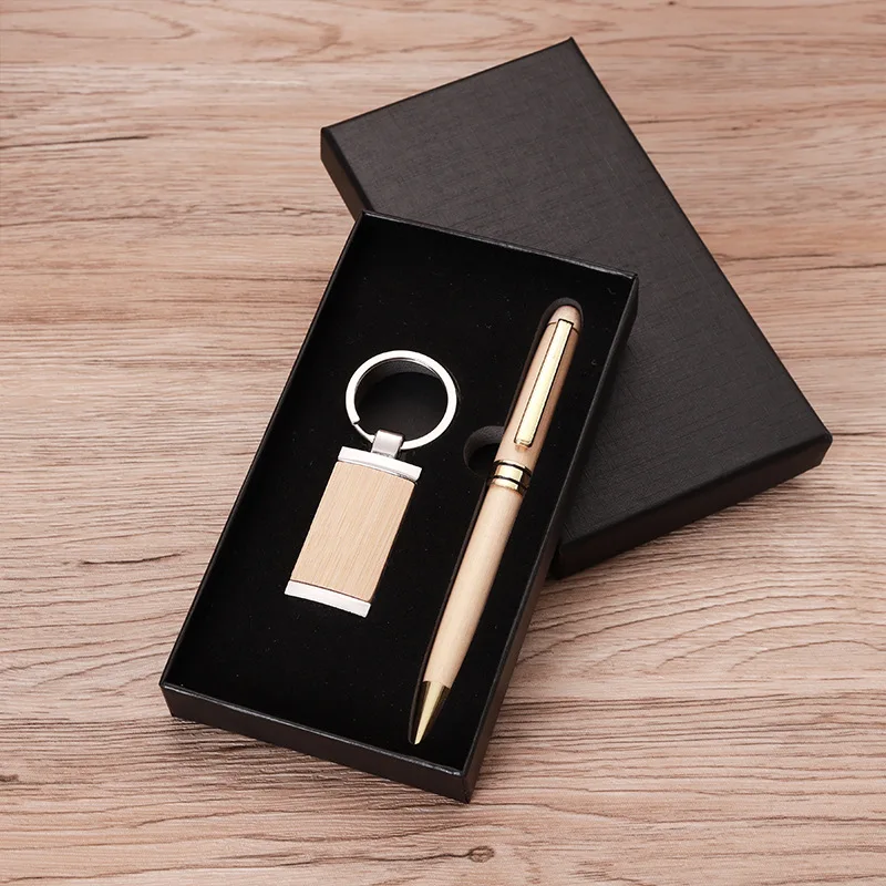 Eco-friendly Metal Zinc Alloy Keychain Pen Business Gift Set Wood Pen Wooden Keychains Laser Logo Luxury Corporate Men Gift