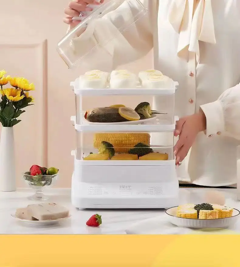 3 Layer Digital Food Steamer Folding Food Steamers Electric Carton White PP Plastic Digital Control Mini Electric Noodle Steamer