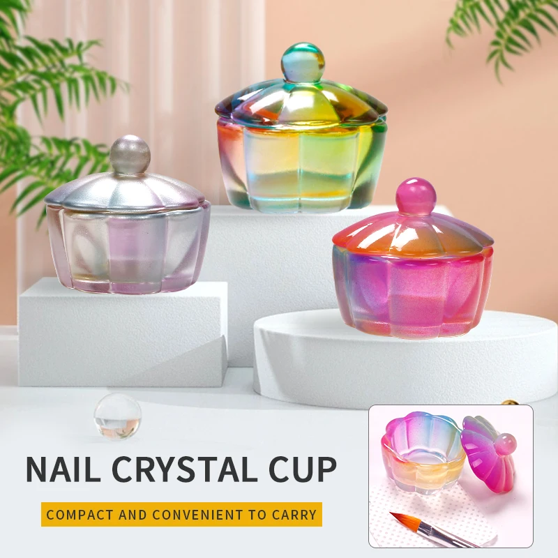 2022 New Arrival Aurora Dazzling Colorful Flower Shaped Nail Crystal Cup Acrylic Liquid Powder Dappen Dish Glass Bowl