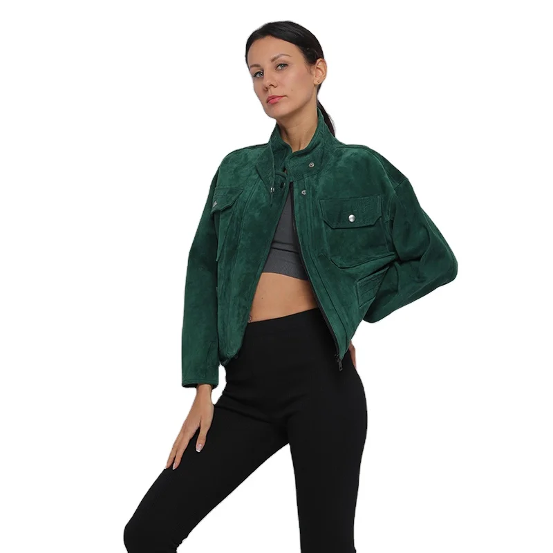 Женская короткая куртка из натуральной кожи, из козы и нубука, Повседневная зимняя куртка с накладным карманом и молнией