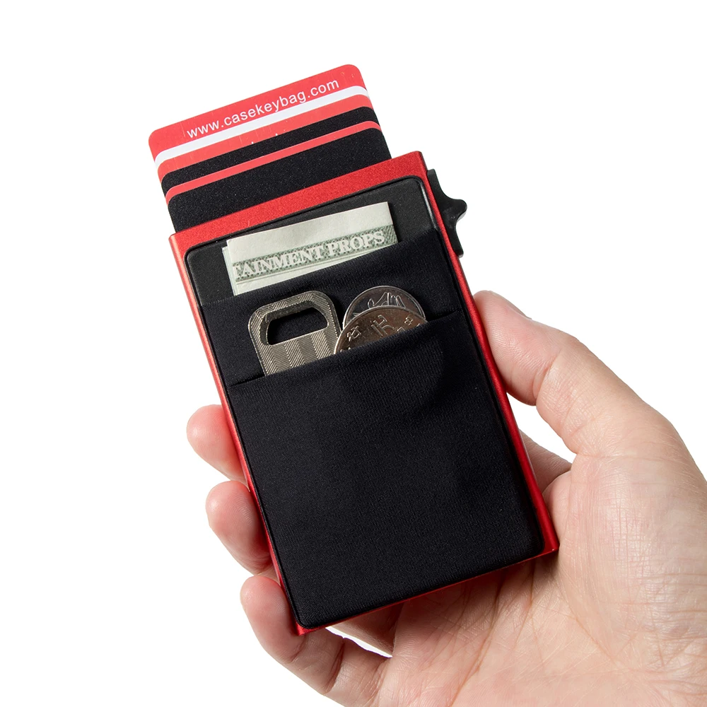 Customize Logo Fashion Pop-up Push Button Business Card Holder RFID Blocking Slim Metal Card Holder Box Wallet with Front Pocket