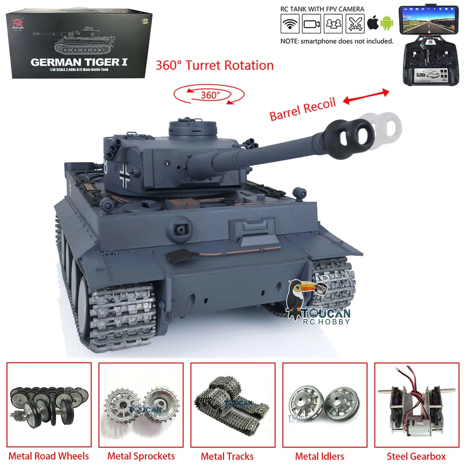 Pro Ver Heng Long TOUCAN 1/16 7.0 Tiger I RC Tank 3818 FPV Camera Barrel Recoil Metal Tracks Wheels Airsoft IR Engine Sound