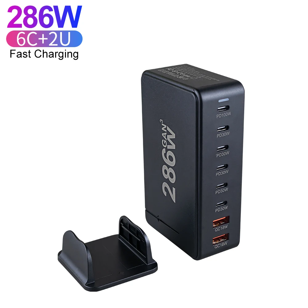Type C 286W Desktop 6C2A Multi Port GaN Charger 100W USB C Super Fast Charging For Mobile Phone Laptop Portable Charger Adapter
