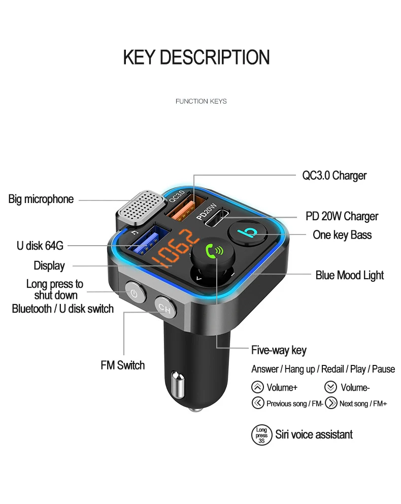  QC3.0 PD 18 Вт зарядное устройство Bluetooth 5 0 автомобильный fm-передатчик одна кнопка Бас mp3-плеер внешний большой микрофон музыкальный