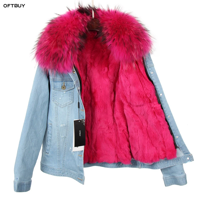 OFTBUY 2021 Winter Jacket Women Real Fur Coat Parka Real raccoon collar Rex Rabbit liner striped bomber Denim jacket Streetwear