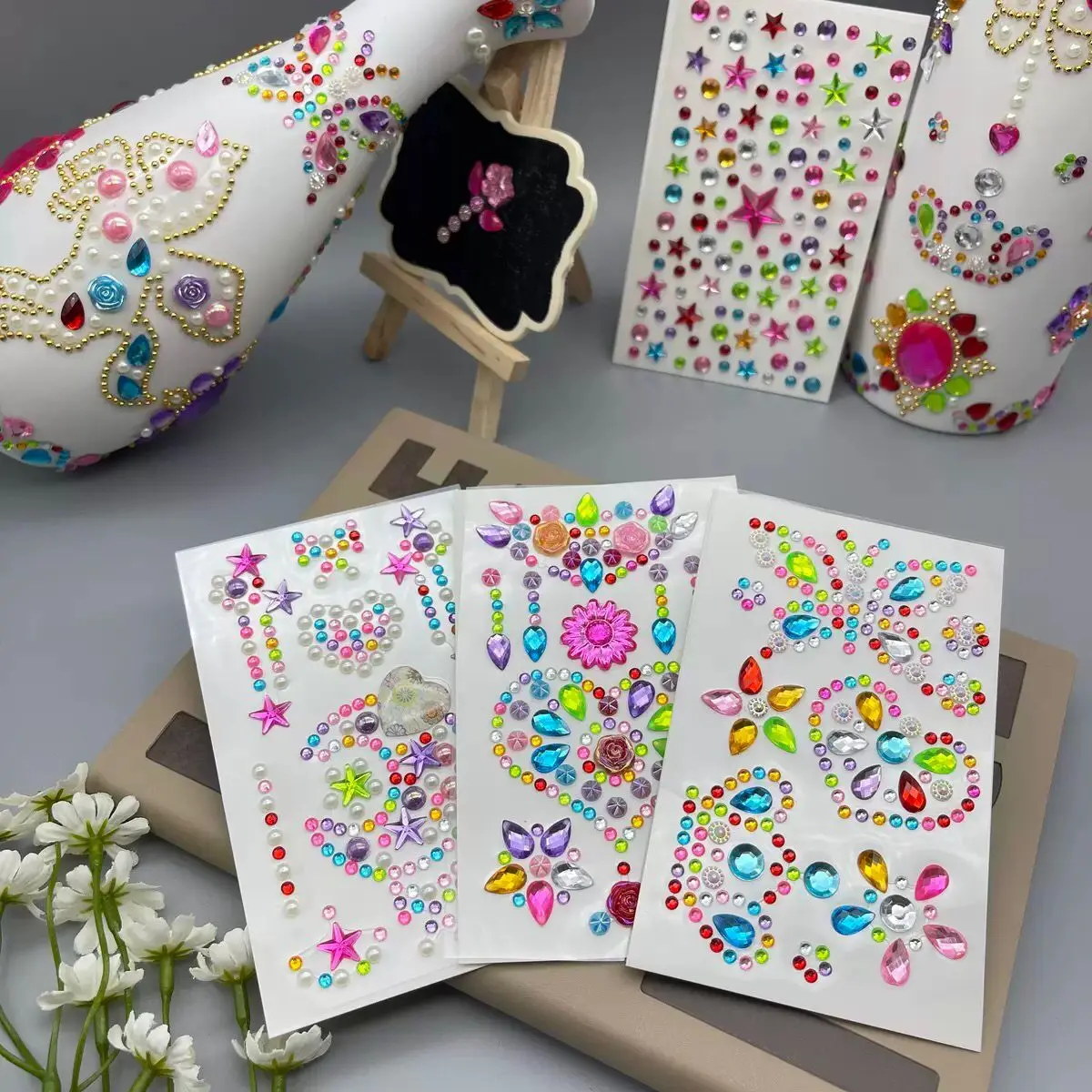 8Sheets/Set 3D Diamond Sticker Acrylic Crystal Butterfly Love Crown Flowers DIY Sparkly Rhinestone Crafts Paste Decoration