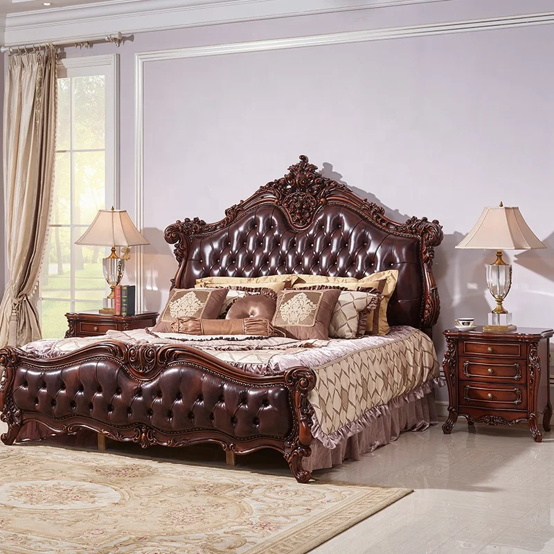 European Royal Luxury Wooden Carved Genuine Leather King Size Furniture Bed Room