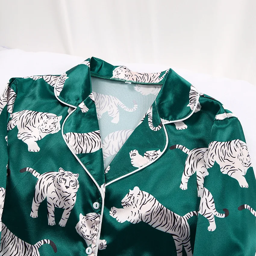 Luxury Femme Women Sleepwear Pyjama 2 Pieces Animal Tiger Print Silk Satin Pajamas Set