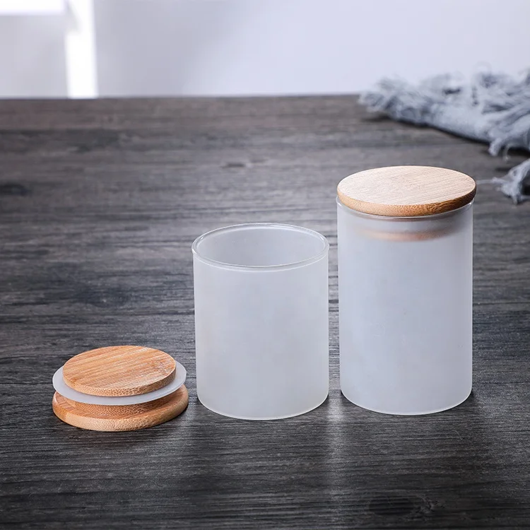 Hot sales white frosted customized candle holder glass candle jar with wooden lid for candle making