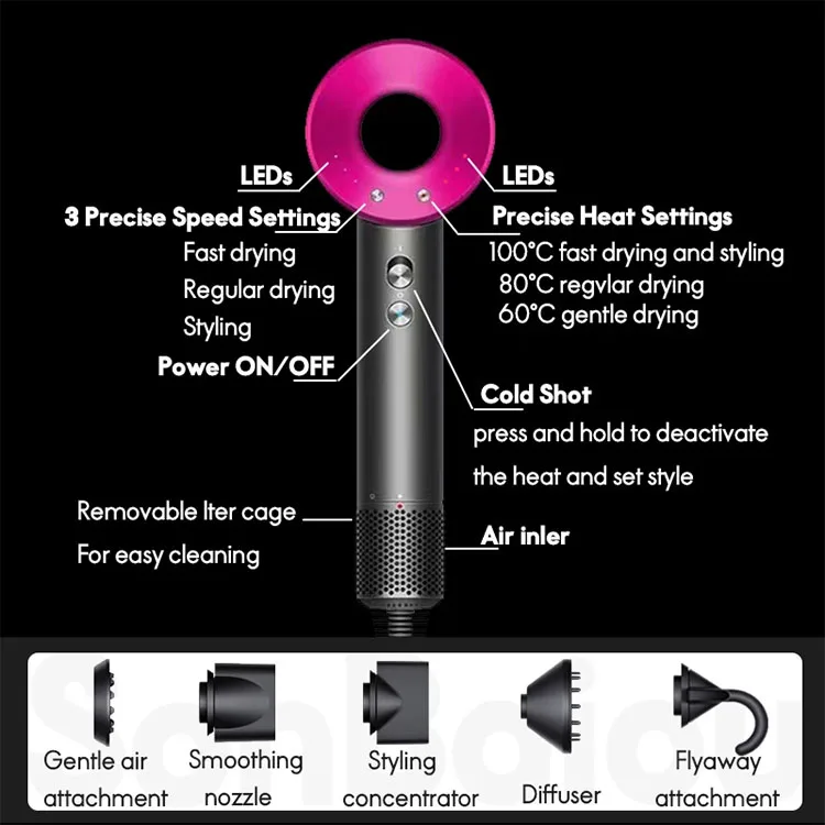 Best Selling Wholesale High Speed Leafless Negative Inoic Electric Super Sonic Hair Dryer With 5 Heads