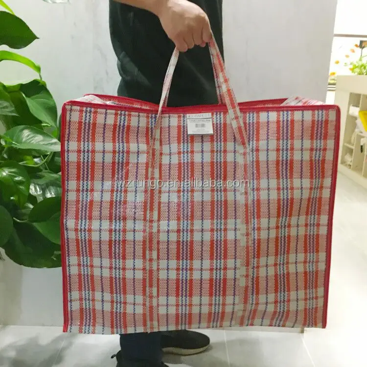 Reusable Large Capacity Color Strip Waterproof Storage Laundry Shopping tote PP Woven Bags with Zipper