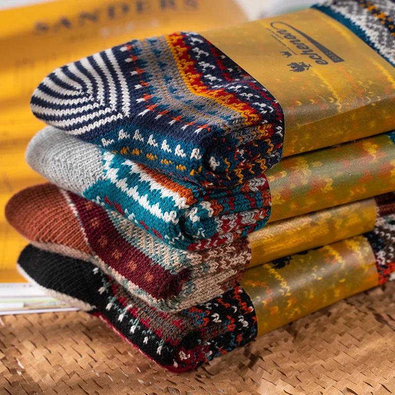 Winter thickening warm colorful stripes dress knit crew work business wool socks men