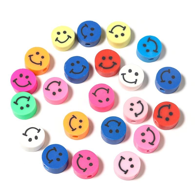 50pcs/bag Flat Round Smiley Face Beads Polymer Clay Beads Loose Spacer Beads for DIY Jewelry Making
