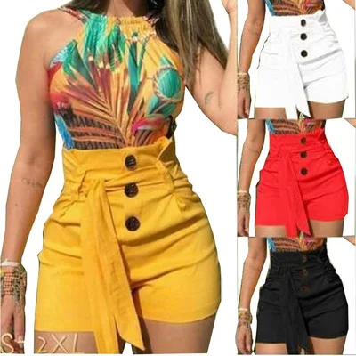  2021 Summer Women Pants High Waist Wide Leg Lace-Up Casual Ladies Short Pant Beach