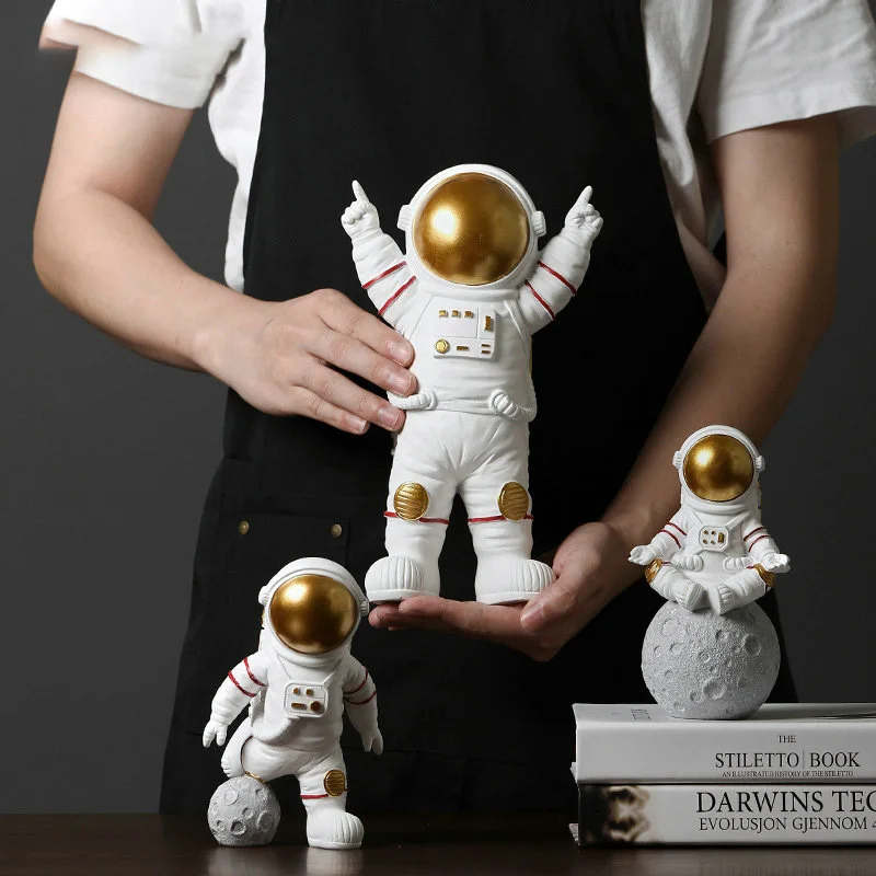 home decor artificial resin astronaut figurines modern spaceman with moon sculpture statues decorative arts and crafts for kids